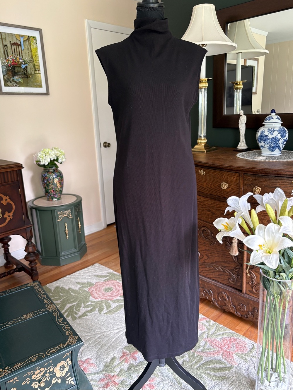 House of Harlow 1960 Black Sleeveless Turtleneck Maxi Stretch Pencil Dress